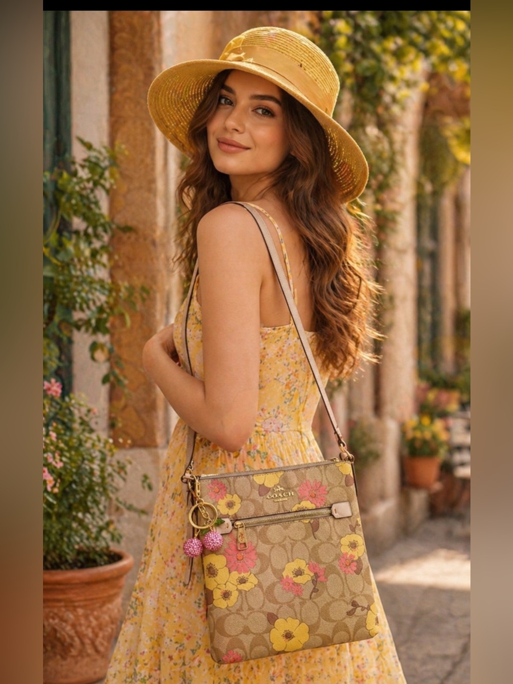 Coach Tan Signature Floral Crossbody with Yellow and Pink Accents